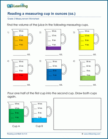Grade 3 Measurement Worksheet on reading and using a measuring cup