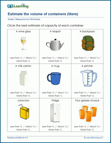 Grade 3 Measurement Worksheet on metric measures of capacity