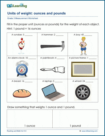 Grade 3 Measurement Worksheet on units of weight