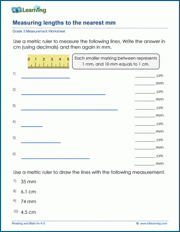 Grade 3 Math Worksheet: Measuring lengths to the nearest millimeter