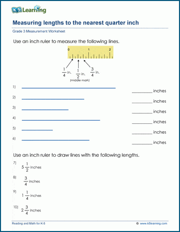 Grade 3 Measurement Worksheet on measuring lengths to the nearest quarter inch