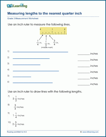 Grade 3 Math Worksheet: Measuring length to the nearest quarter inch | K5  Learning