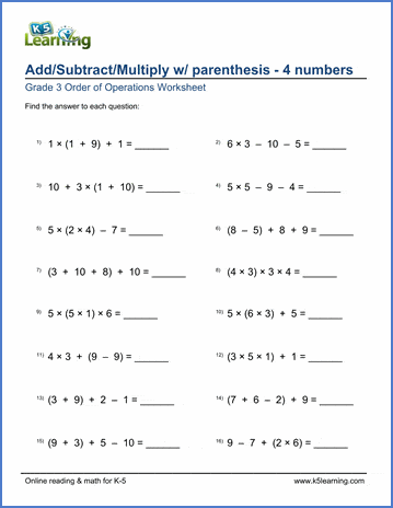 Sample Grade 3 Order of Operations Worksheet