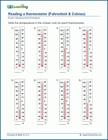 Temperature Worksheets: Reading a thermometer (Fahrenheit & Celsius) | K5  Learning