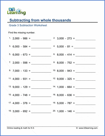 Grade 3 Subtraction Worksheet subtracting from whole thousands