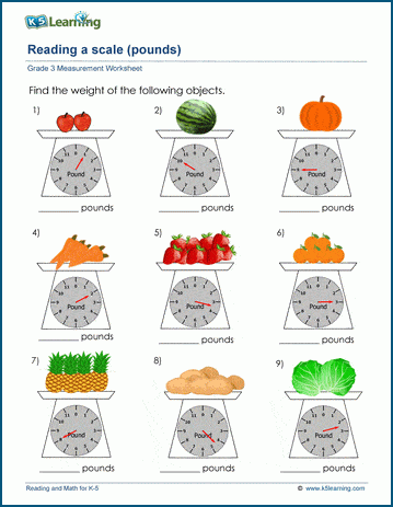 Grade 3 Measurement Worksheet on reading and using scales