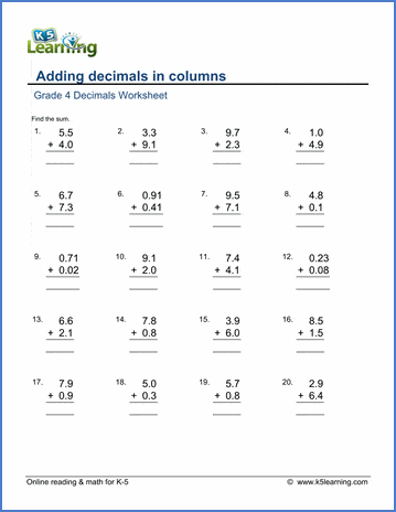 Sample Grade 4 Decimals Worksheet