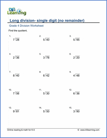 Grade 4 Long division Worksheet dividing 2-digit by 1-digit numbers - no remainder
