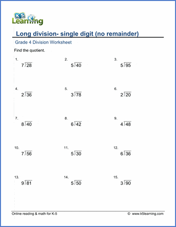 Grade 4 Long Division Worksheets: 2 by 1-digit numbers (no remainder) | K5  Learning