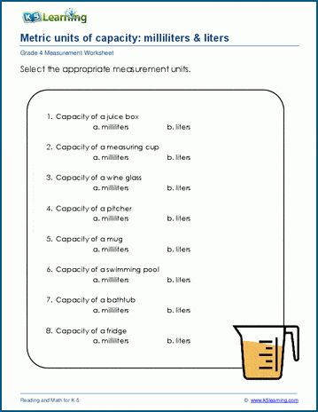 Grade 4 Measurement Worksheet on Metric Units of Capacity