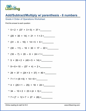 Sample Grade 4 Order of Operations Worksheet