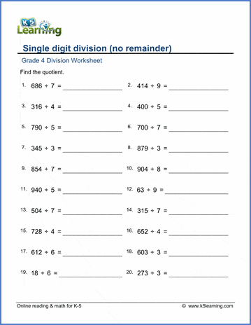 Grade 4 Mental division Worksheet single digit division