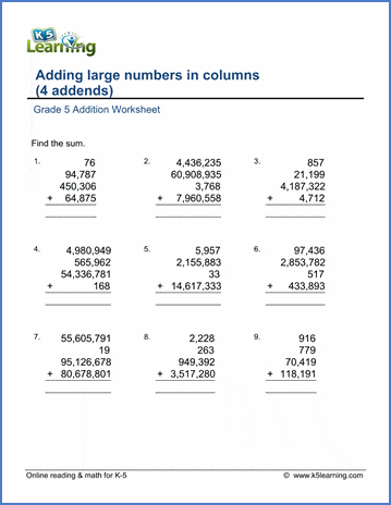 Sample Grade 5 Addition Worksheet