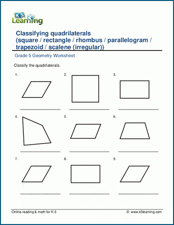 Grade 5 Geometry Worksheet classifying quadrilaterals