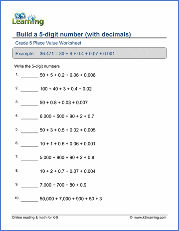 Sample Grade 5 Place Value Worksheet