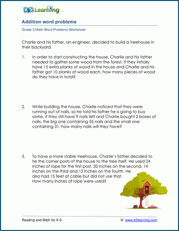 Math word problem worksheets for grade 3 students. | K5 Learning