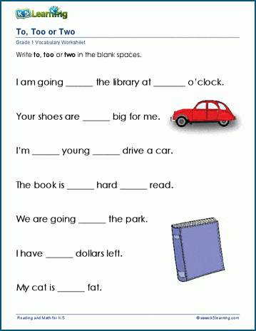 Using to, too or two in sentences worksheets