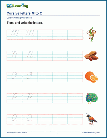 Cursive letters M-Q worksheet