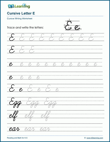 cursive writing letter e worksheets k5 learning