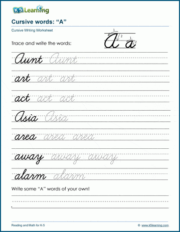 Cursive writing worksheet: pracitice words starting with the letter A