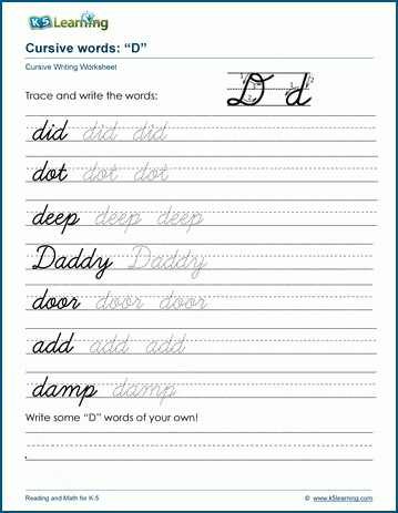 Cursive writing worksheet: pracitice words starting with the letter D