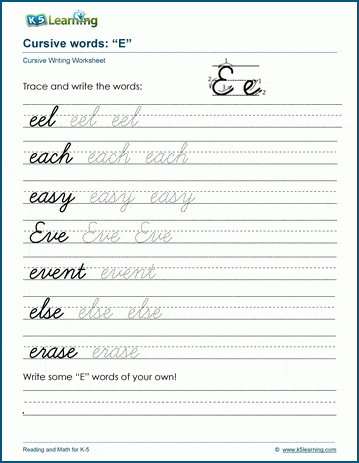Cursive writing worksheet: pracitice words starting with the letter E
