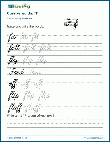 Cursive writing worksheet: pracitice words starting with the letter F