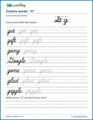Cursive writing worksheet: pracitice words starting with the letter G