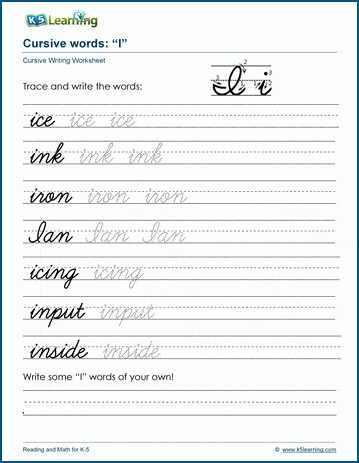Cursive writing worksheet: pracitice words starting with the letter I