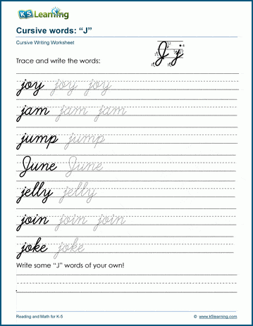 Cursive writing worksheet: pracitice words starting with the letter J