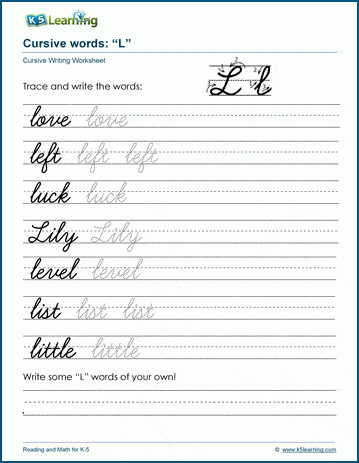Cursive writing worksheet: pracitice words starting with the letter L