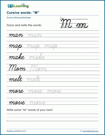 Cursive writing worksheet: pracitice words starting with the letter M