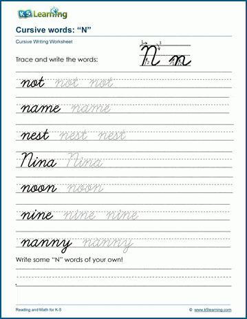 Cursive writing worksheet: pracitice words starting with the letter N