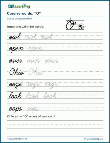 Cursive writing worksheet: pracitice words starting with the letter O