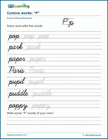 Cursive writing worksheet: pracitice words starting with the letter P