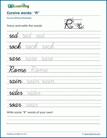 Cursive writing worksheet: pracitice words starting with the letter R