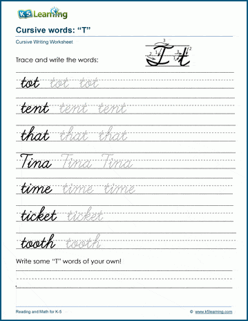 Cursive writing worksheet: pracitice words starting with the letter T