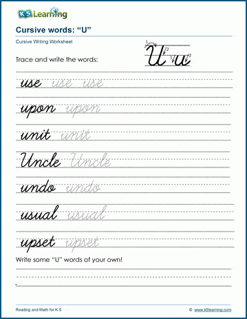 Cursive writing worksheet: pracitice words starting with the letter U
