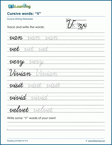 Cursive writing worksheet: pracitice words starting with the letter V