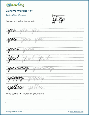 Cursive writing worksheet: pracitice words starting with the letter Y