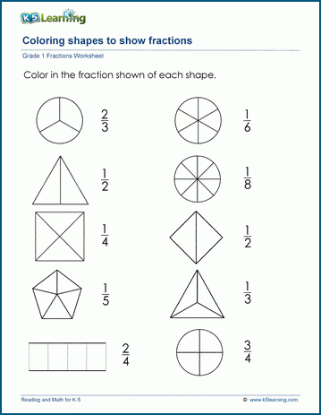 Grade 1 coloring shapes to match fractions worksheets