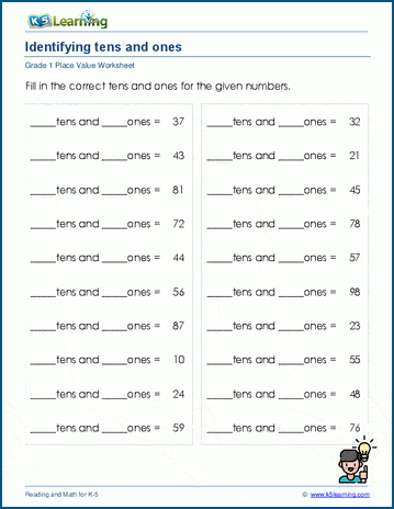 Grade 1 Place value worksheet on tens and ones