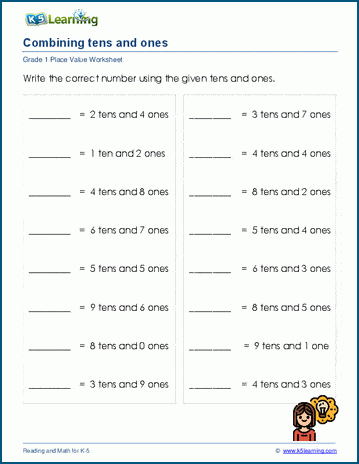 Grade 1 Place Value Worksheet: Combining Tens and Ones ...