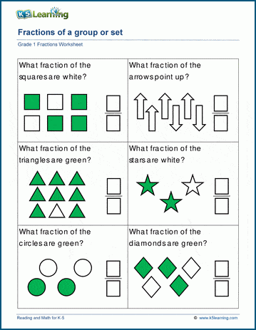 Grade 1 fractions as parts of a set or group worksheets