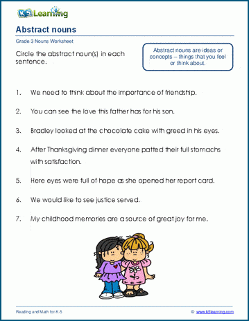 Grade 3 grammar worksheet on abstract nouns