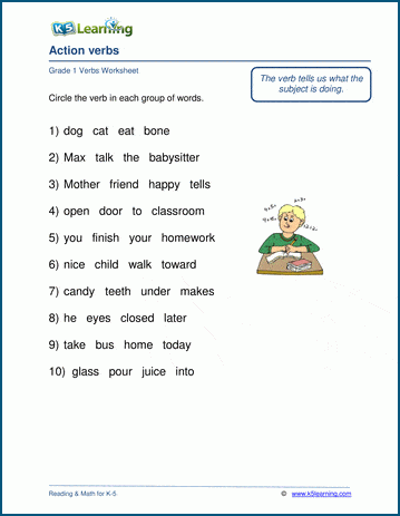 Verbs as action words worksheets for grade 1