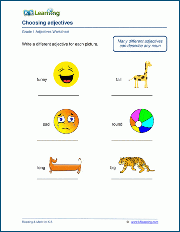 Grade 1 grammar worksheet on choosing adjectives