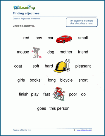 Sample grade 1 adjectives worksheet