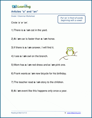 articles a an worksheets k5 learning