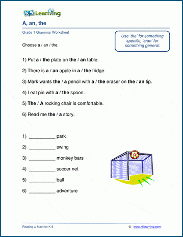 Grade 1 grammar worksheet on the articles a, an and the